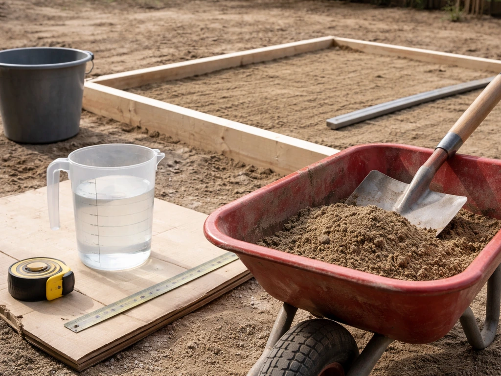 Bouwplaats met meetlint, kruiwagen en een transparante maatbeker met water; voorbeeld van berekening van m² naar liters