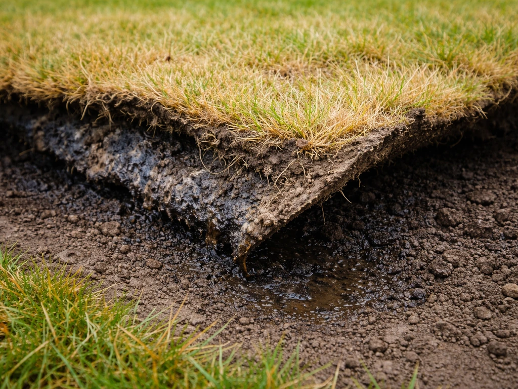 Close-up van geel/bruin rottend gras met een zwarte/grijze rottingslaag onder de graszode