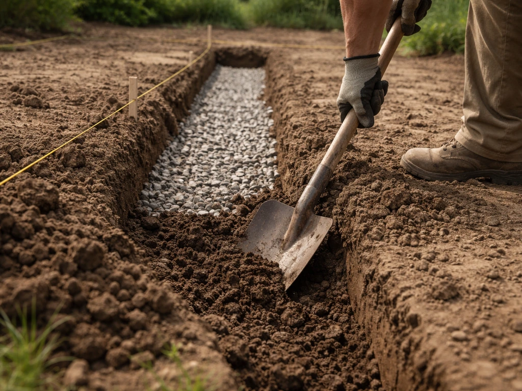 Arbeider schept een sleuf uit voor drainage; grind wordt aangebracht met duidelijke niveaumarkering.
