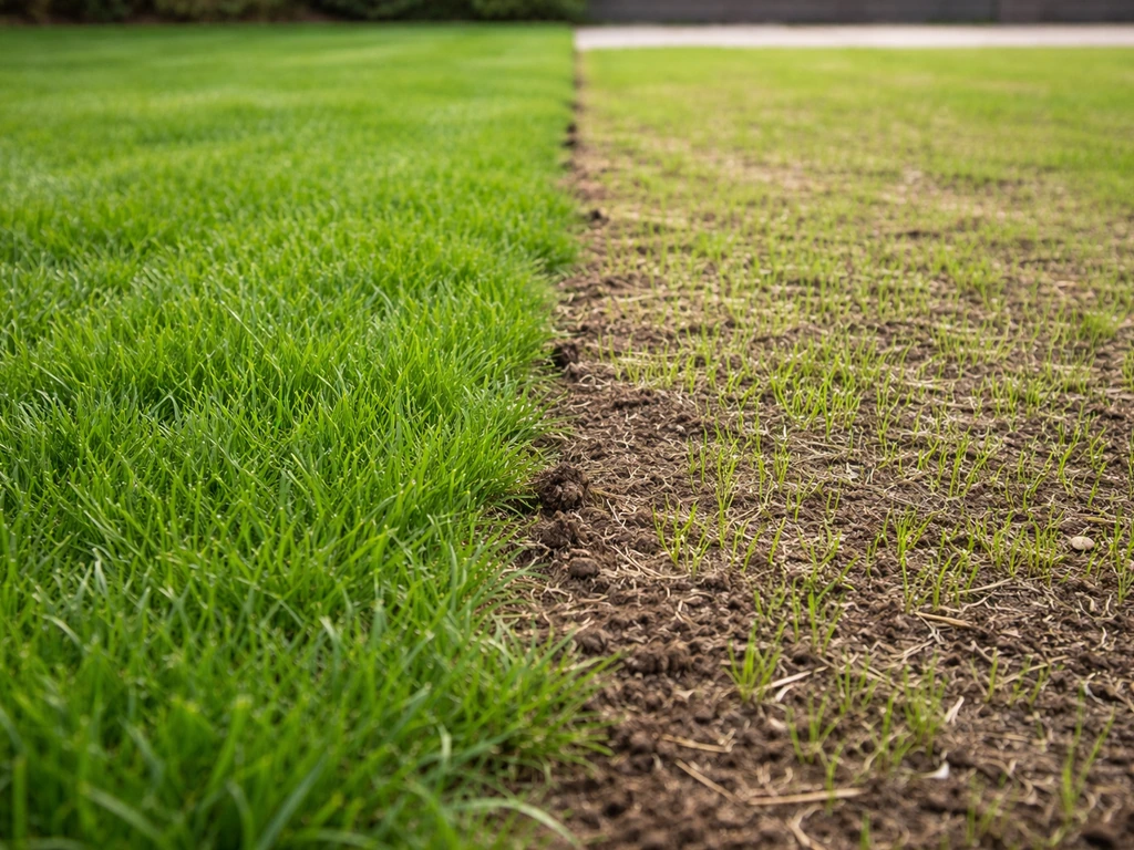 Vergelijking van herstelde grasmat links en ingezaaid/alternatief gazon rechts in één tuinbeeld