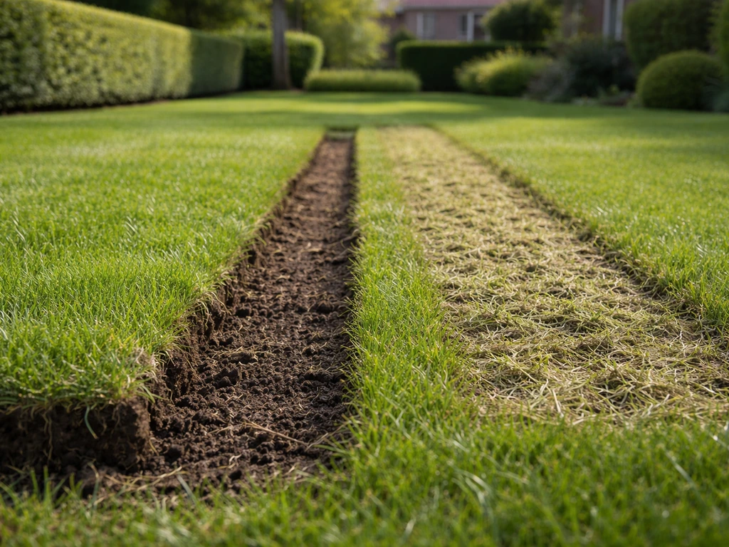 Gazon met zichtbare snij-/werkdiepte: toplaag gras verwijderen vs verticuteren, minimalistisch en realistisch.