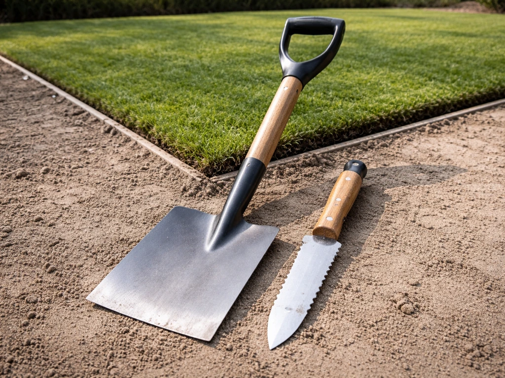 Handgereedschap voor grasmat uitsteken: spade en sodesteekmes naast afgebakend gazonstuk