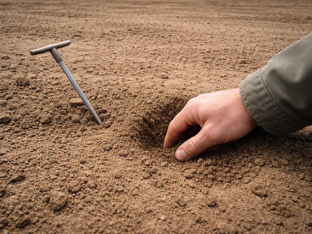 Egaliseerde kale tuinbodem met teelaarde/zand mengsel en iemand die met een pennetje de grond test.