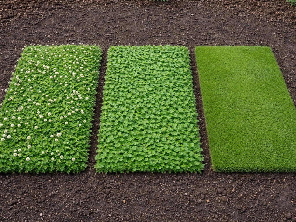 Tuin met drie naast elkaar staande grasvervangingen: klaver, bodembedekker en strak kunstgras-achtig materiaal.