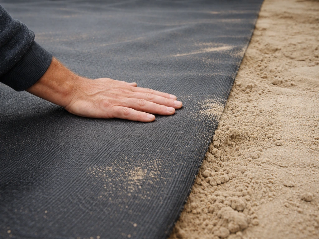 Close-up van het leggen van een worteldoek en zandbed bij de voorbereiding van kunstgras