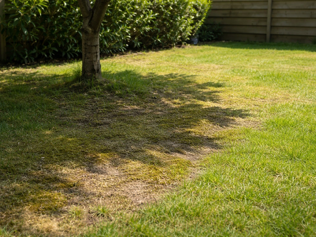 Schaduwrijke tuinhoek met beschadigde grasmat en mosplekken, duidelijk contrast met een lichtere randzone.