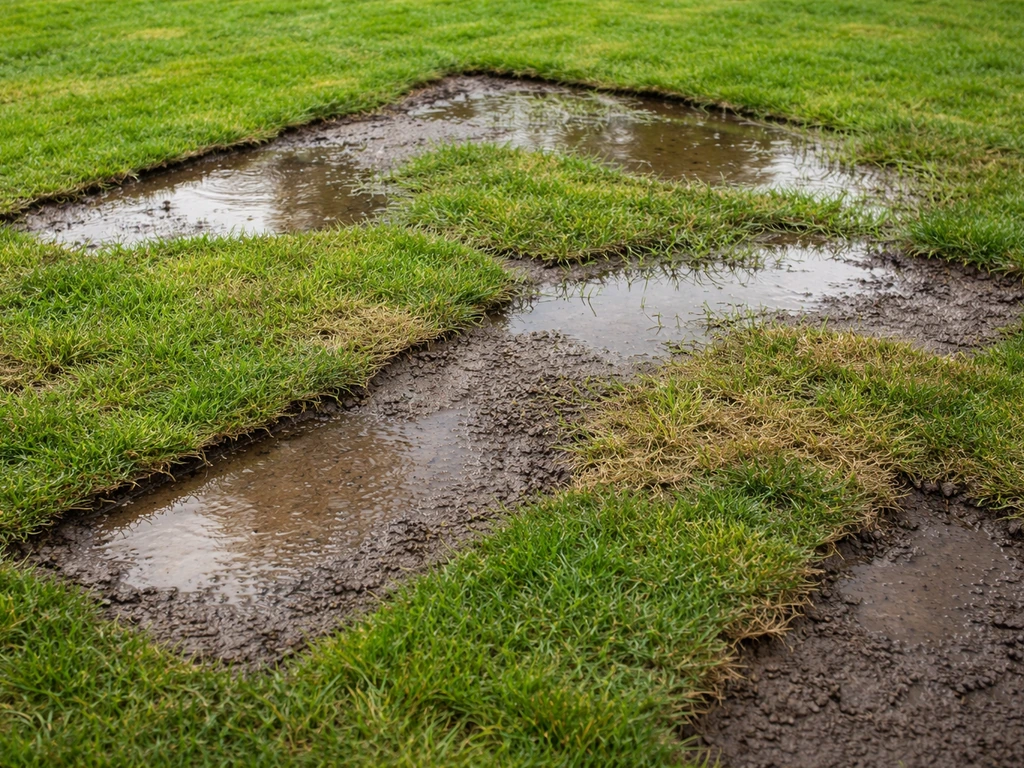 Graszoden met zichtbare plassen die blijven staan en plekken met slechte grasgroei door te zware kleigrond.