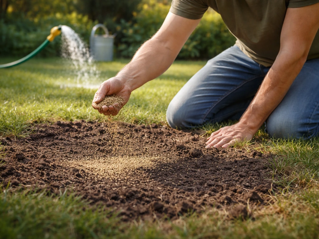Tuinman knielt bij een gazon met zichtbaar graszaad en giet water op kale plekken, met lichte achtergrondonscherpte.