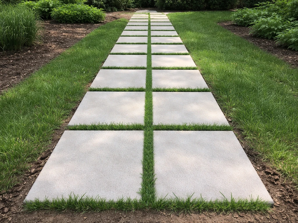 Tuinpad met tuintegels met gras ertussen, gelijkmatig en netjes afgewerkt in een rustige tuin.