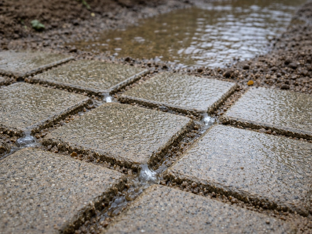 Regenwater zakt via open voegen tussen grastegels in de bodem, met modderige plek op de achtergrond.