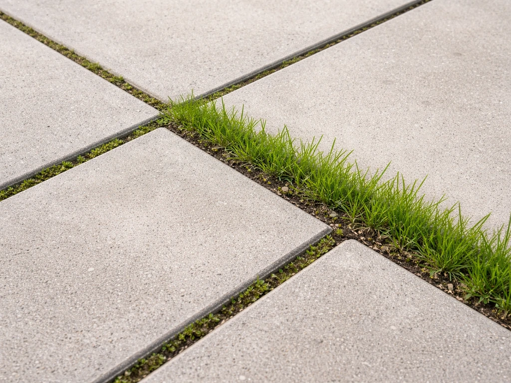 Tuinpad met betonnen tegels en verschillende voegbreedtes met grasstroken ertussen, voorbeeldopzet.