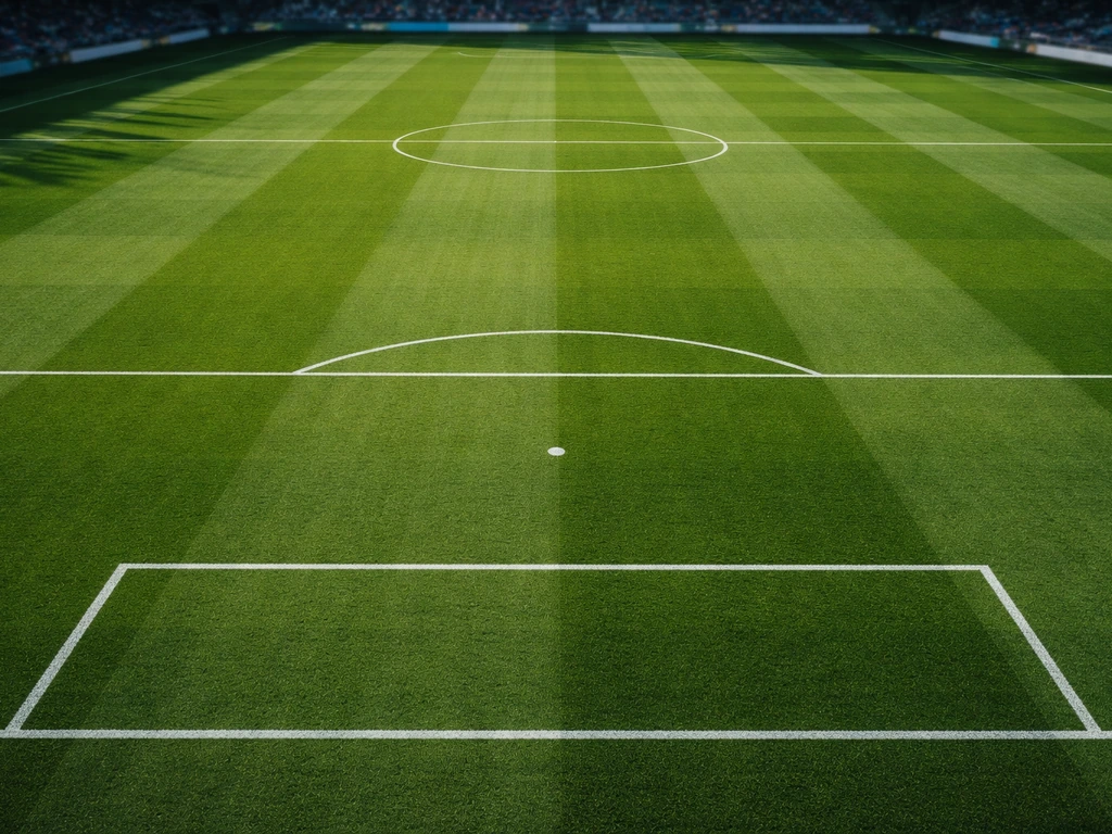 Bovenaanzicht van een strak, diepgroen sportgrasveld met rechte maaibanen en zichtbare speelveldlijnen.