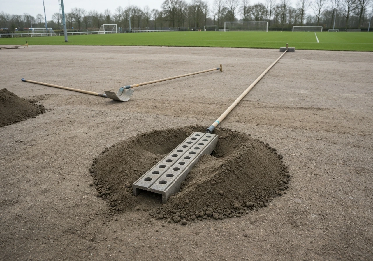 Bouwplaats met zichtbare bodemlaag, drainagebuis en vlak geëgaliseerde ondergrond voor nieuw grasveld.