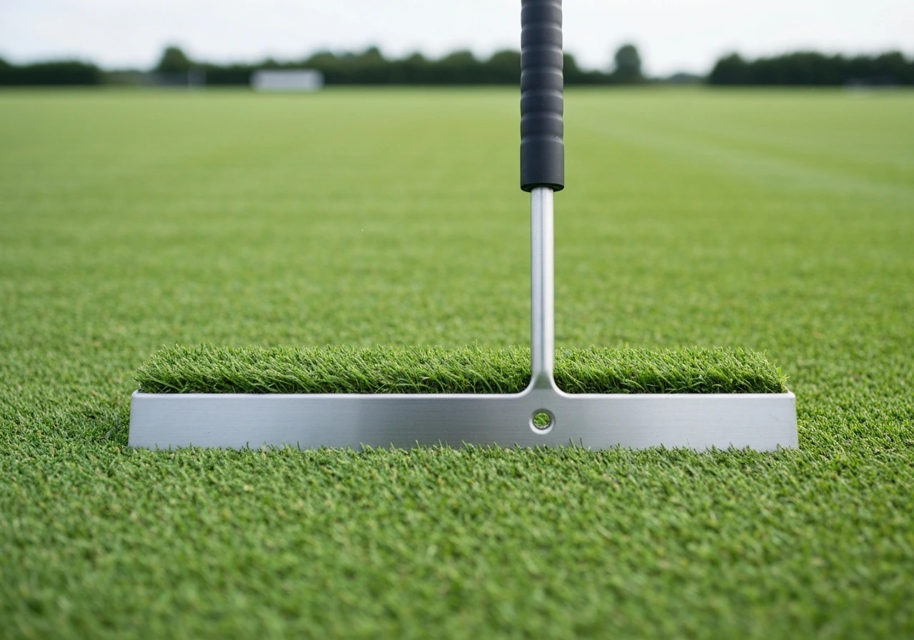Sportgrasmaaier met strak gemaaide banen op een topveld, maaihoogte oogt gelijkmatig