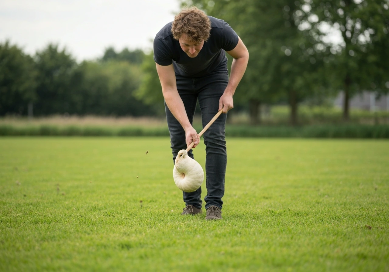 Anonieme tuinier strooit mestkorrels op een groen gazon met een meststrooier, in licht voorjaar-zomerweer.
