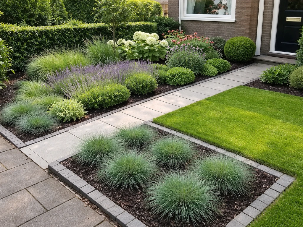 Kleine voortuin met nette afgebakende stroken, lage beplanting en strakke randen bij helder daglicht.
