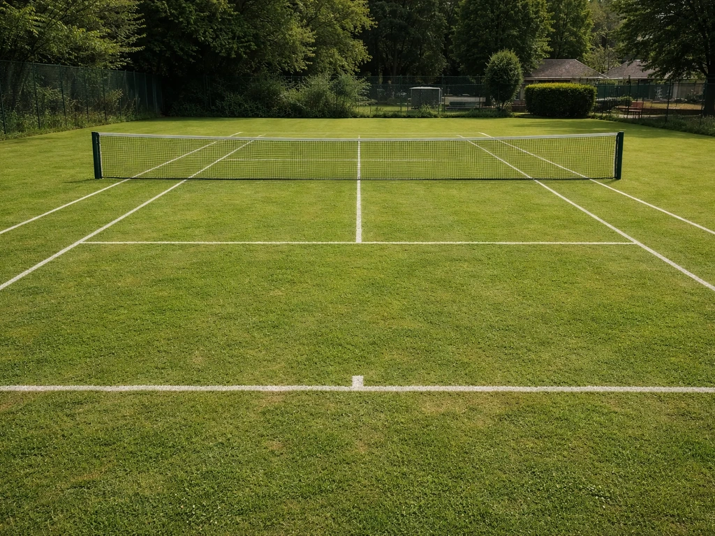 Lege tennisbaan op gras met wit gemarkeerde lijnen en net, met zichtbare grasstructuur.