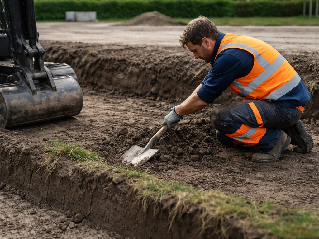 Twee graafwerkers ontdoen de ondergrond met schep en afgravingszone, met kraan op de achtergrond.