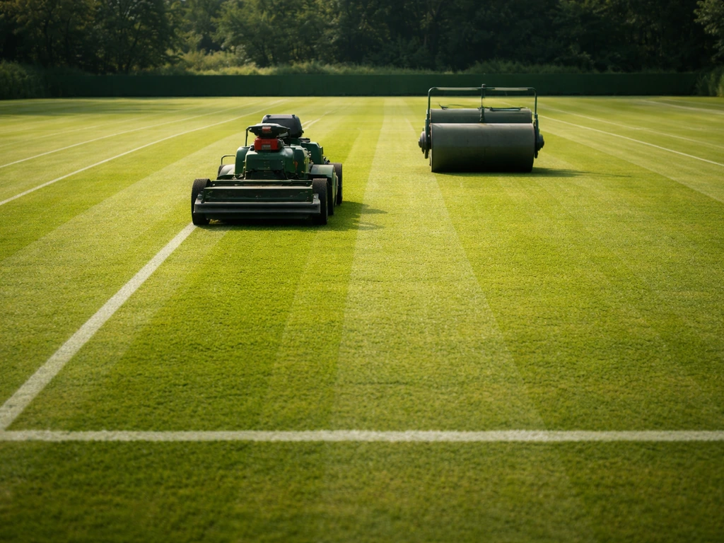 Tuinmaaier en rolwals die een tennisgrasbaan egaliseren, vers gras op de juiste speelhoogte