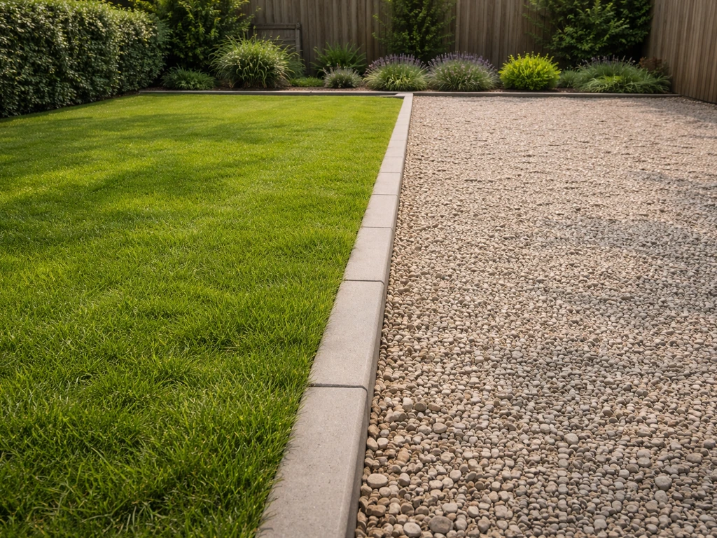 Netjes gazon gescheiden van grindpad met strakke rand in een rustige tuin, recht lijnverloop.
