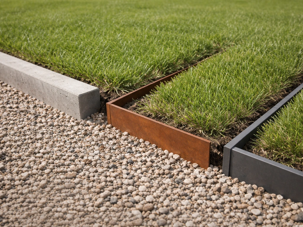 Close-up van drie soorten randen tussen gras en grind: beton, cortenstaal en kunststof.