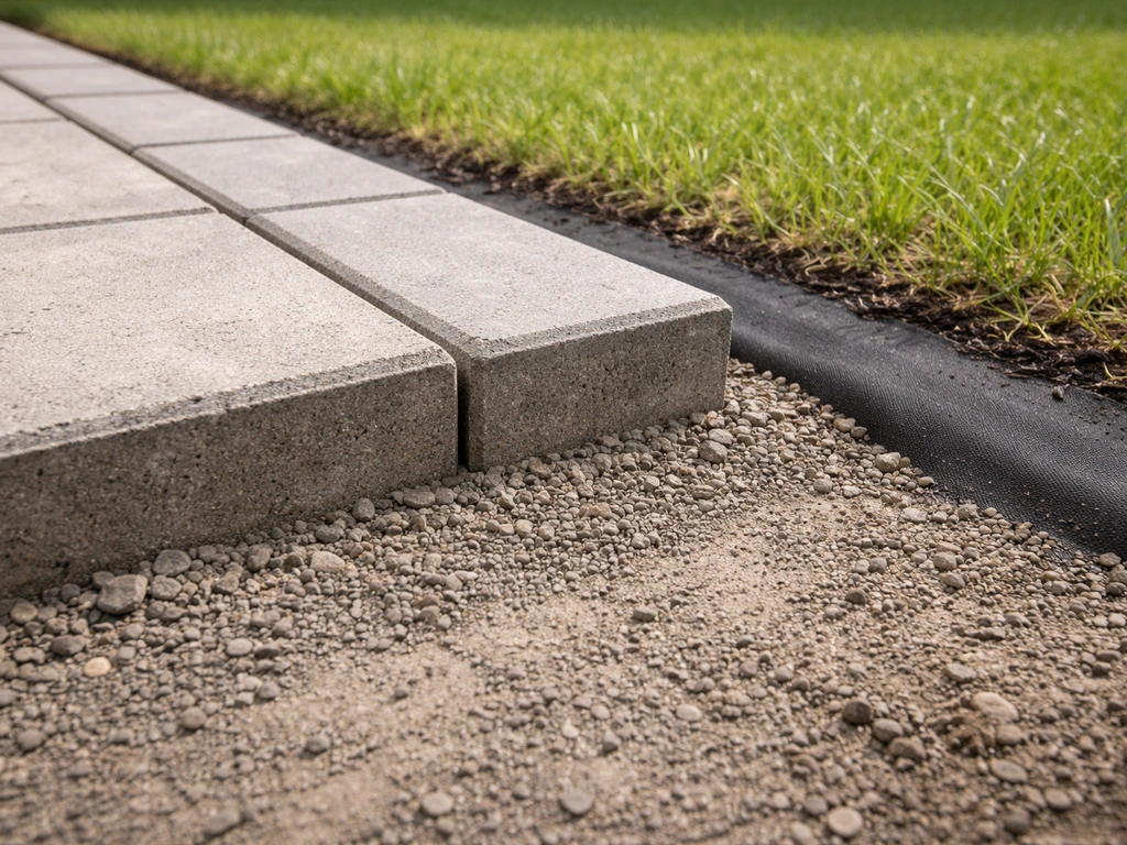 Opsluitbanden langs een terrasrand met betonbed en een nette overgang naar gras en onkruidremmer.