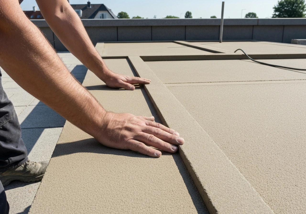 Close-up van anonieme handen die terrasstenen leggen op het bed, met voegen zichtbaar in perspectief.