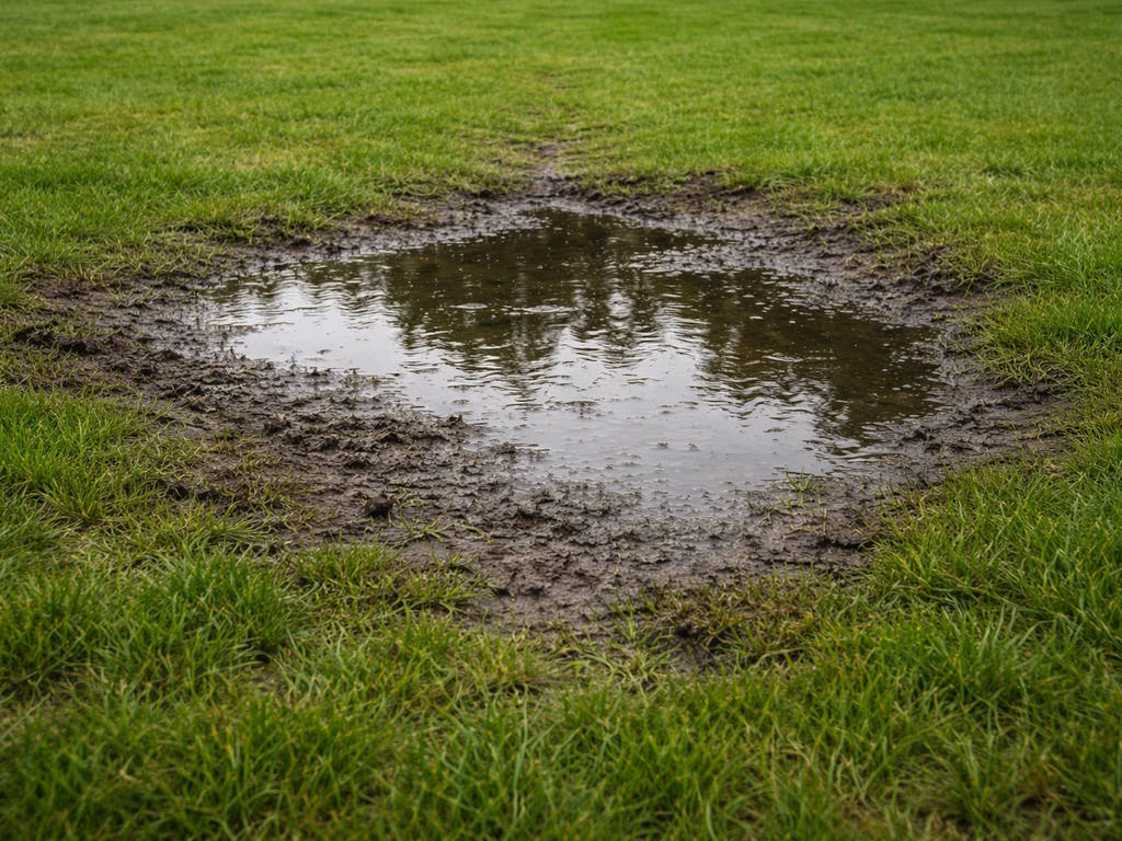 Nat gazon met plassen en een duidelijk vochtig probleemgedeelte dat wijst op drainageproblemen.