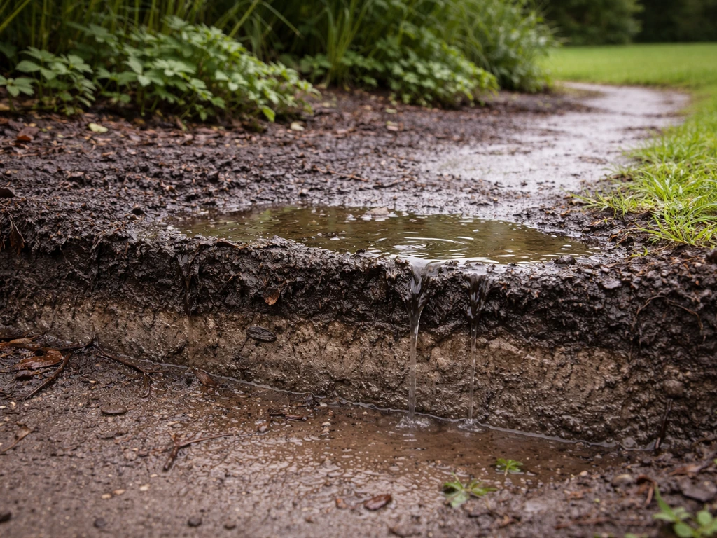 Minimalistische foto van een Nederlandse tuin met natte klei/veenachtige grond en water dat langzaam in de bodem trekt.