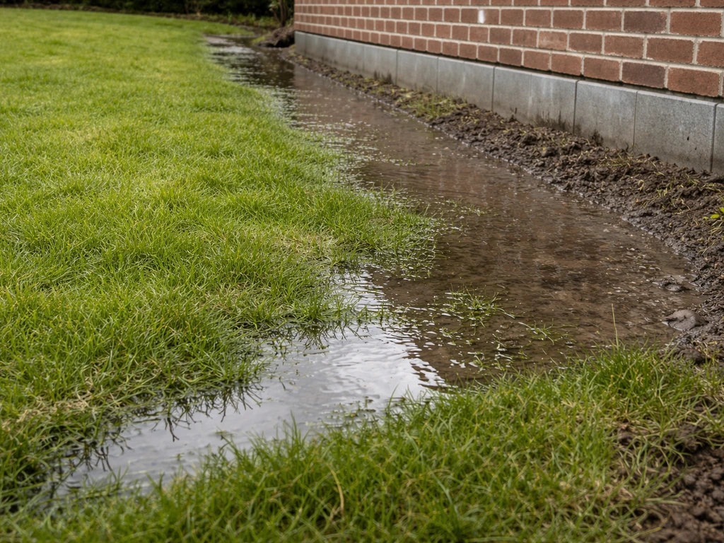 Zicht op een licht verval in de tuin waar water richting de fundering blijft staan in plaats van weg te lopen.