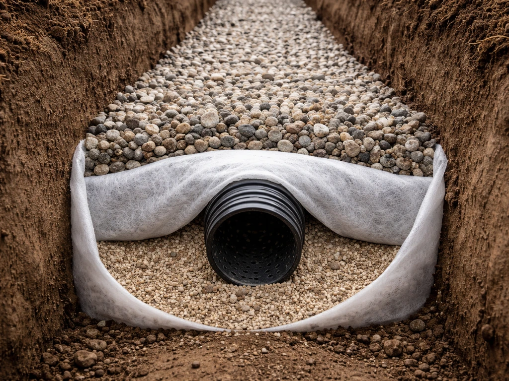 Close-up van een drainage-sleuf met geotextiel, drainagezand en grind rondom een geperforeerde drainagebuis.