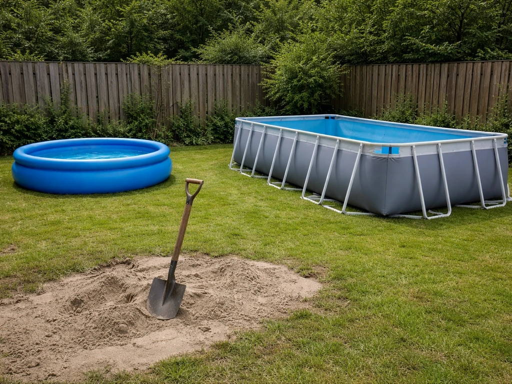 Eén tuin met twee verschillende zwembadopstellingen: klein opzetzwembad en groter frame-zwembad op vlakke ondergrond.