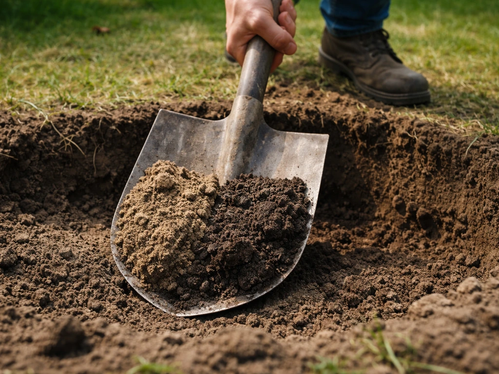 Anonieme persoon steekt een schop in de tuin en toont aarde rond 20 cm: zand- en klei- (of veen-) textuur.