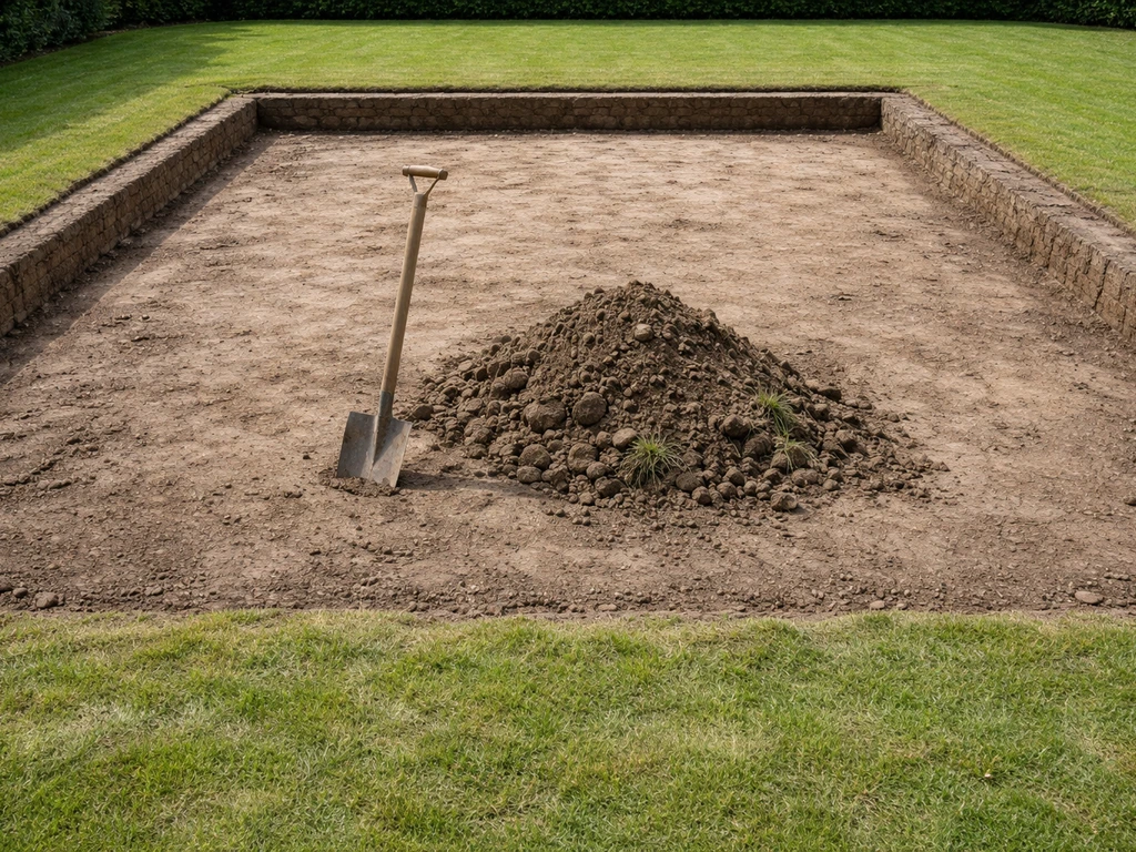Werkgebied voor een zwembad: afgegraven gras en verwijderde grond met lege rand en omliggende werkruimte.