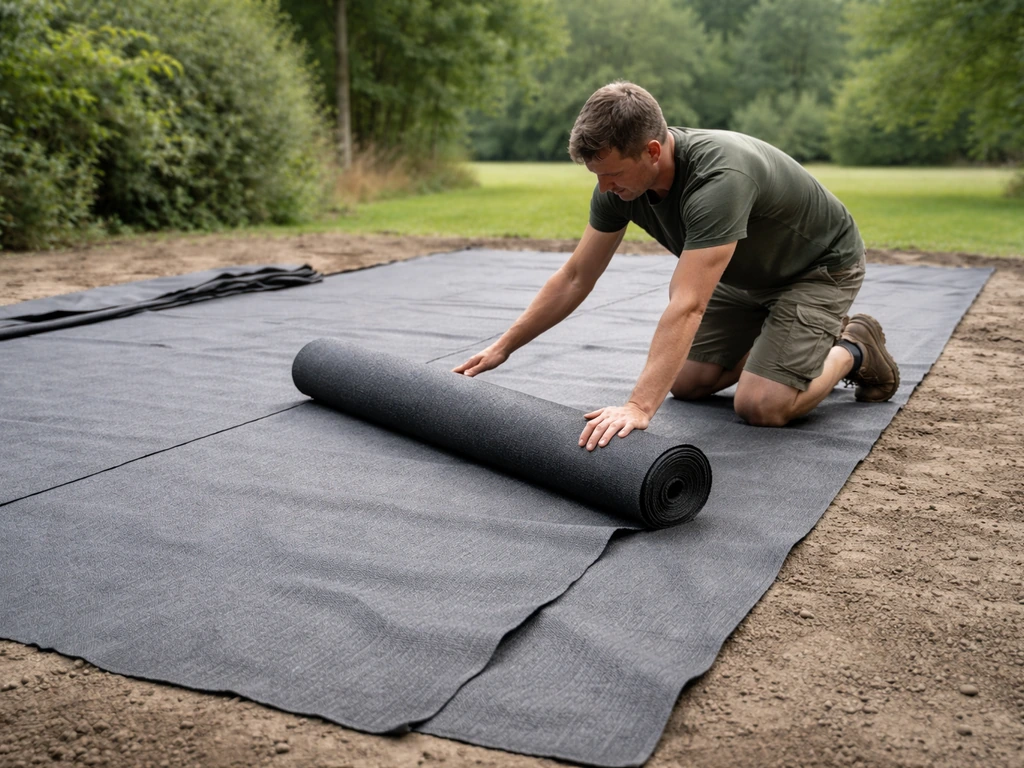 Persoon rolt en overlapt geotextiel (worteldoek) netjes uit op de zwembadbasis in de tuin.