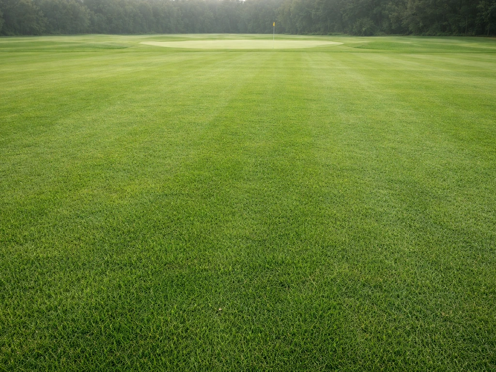 Bovenaanzicht van strak golfbaan gras met subtiele maaistrepen en op afstand een golfhole.