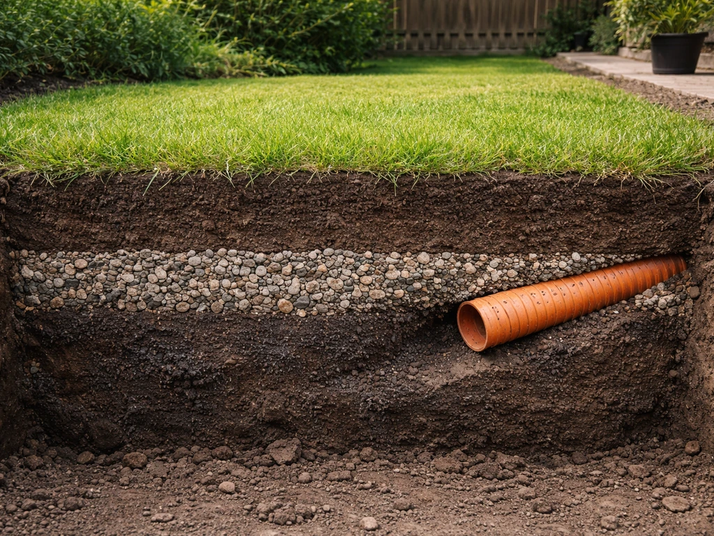 Dwarsdoorsnede van gazonopbouw met drainagebuis en grindlaag onder het gras, minimalistisch en realistisch.