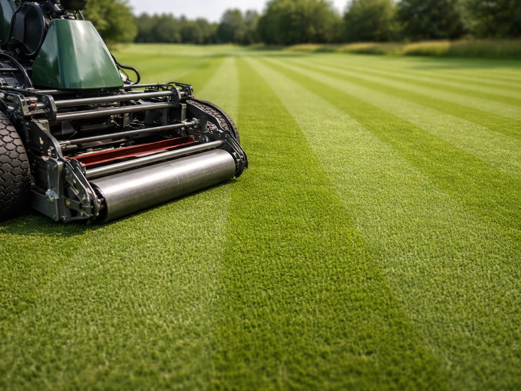Gras met duidelijke maaistrepen op korte hoogte en een grasmaaierroller op de voorgrond, bij natuurlijke daglichtsfeer.