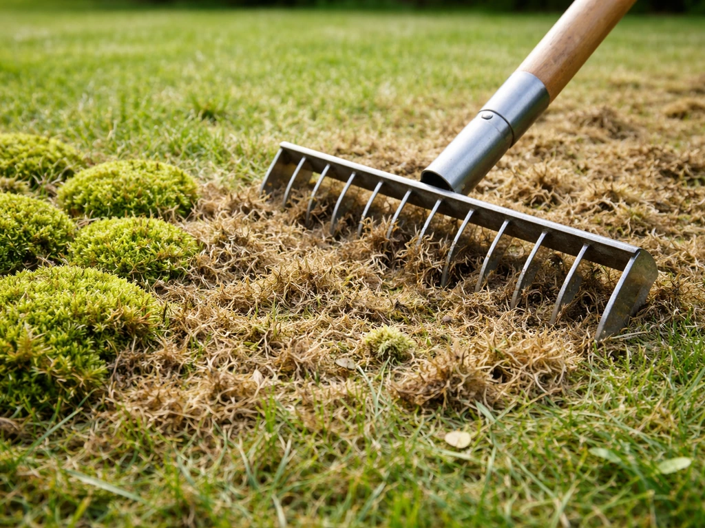 Close-up van vilt en mos op laag gemaaid gras, met een verticuteerhark die de viltlaag doorbreekt.
