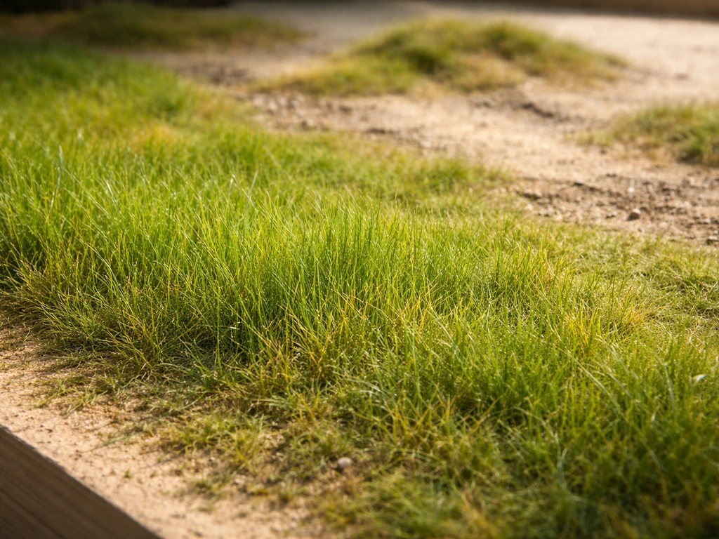 Realistisch modelspoorlandschap met net gestrooid statisch modelgras in meerdere tinten, rechtop en natuurgetrouw.