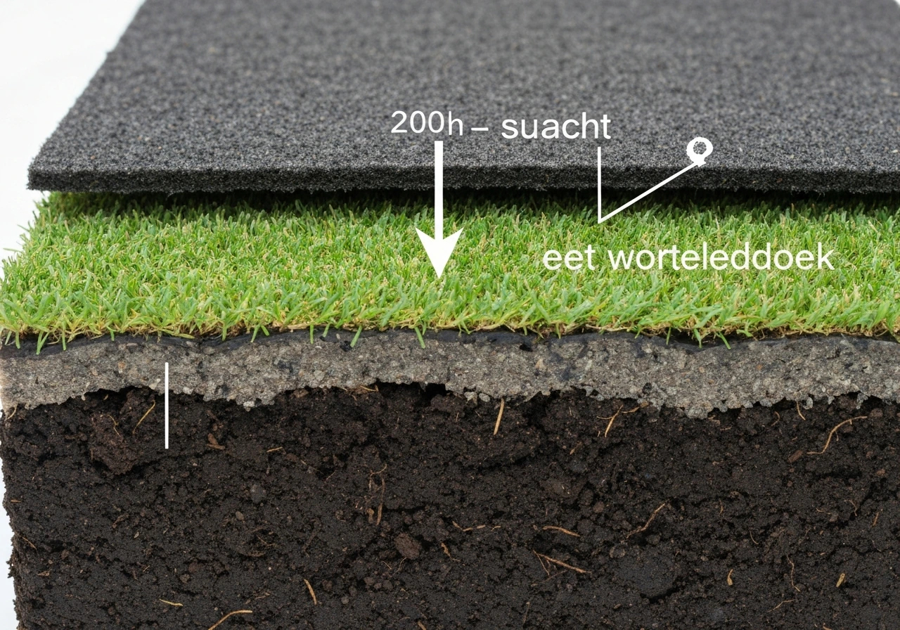Eenvoudige realistische doorsnede: graslaag onder worteldoek, licht wordt geblokkeerd en fotosynthese stopt.