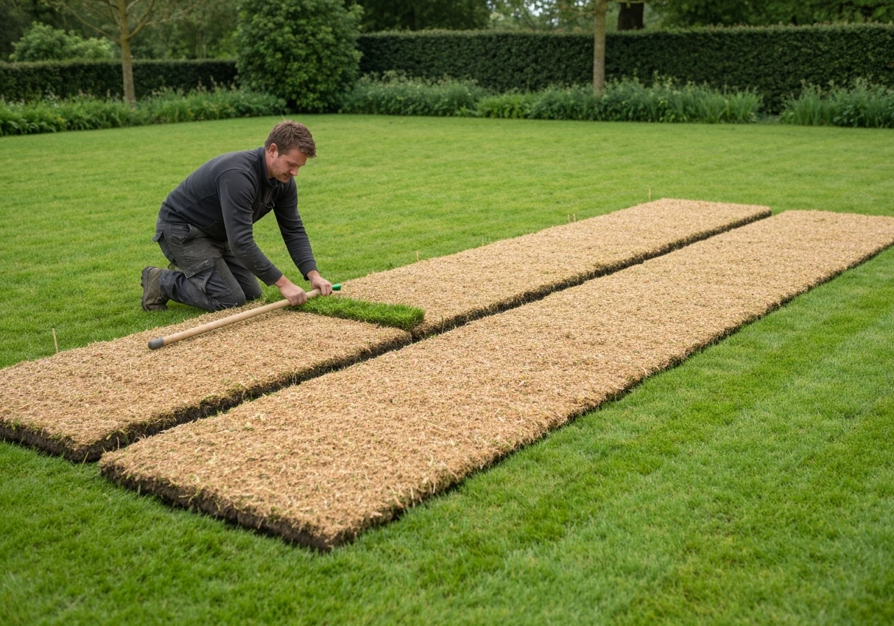 Tuinwerker legt worteldoek op gras in een afgebakend vlak met meetlint, als voorbereiding op herinrichting