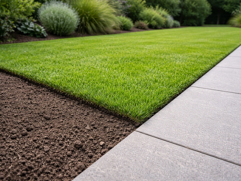 Strakke boorden gras langs een tuinpad met ingeplant gazon, haarscherpe rand en net uitgegraven border.