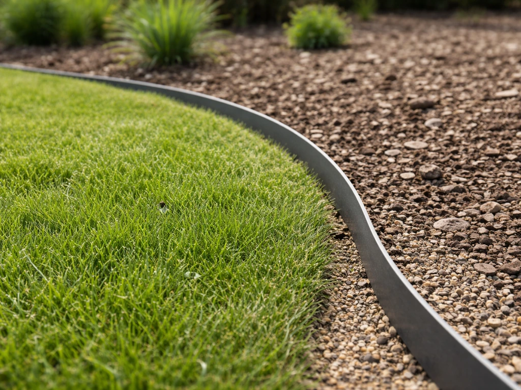 Close-up van een gebogen grasboord met flexibel randmateriaal langs een organische tuinlijn.