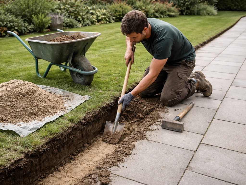 Tuinman graaft een smalle sleuf en maakt de ondergrond klaar voor een grasboord, eenvoudig tuinpad.