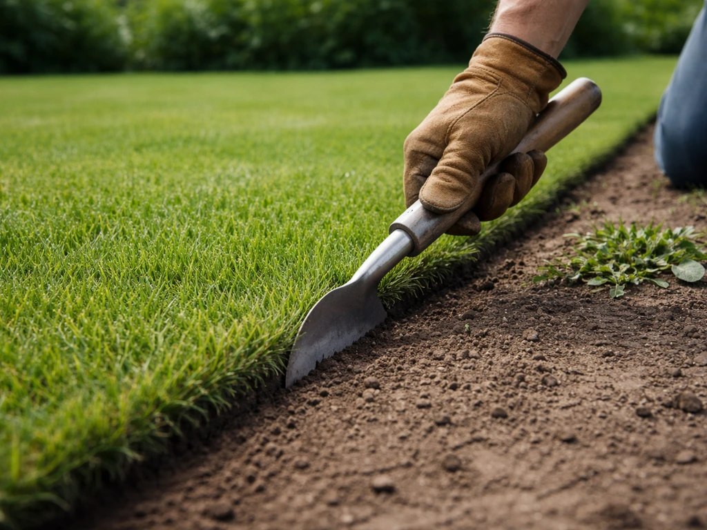Handmatig onkruid wieden langs een strakke grasboord met een kanttrimmer, bij gelijk gemaaid gras.