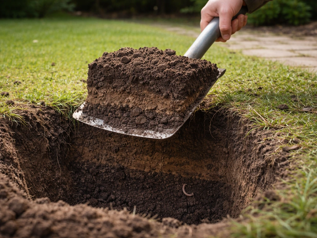 Hand schept aarde op in een tuin; bodemprofiel zichtbaar met donkere grond en lagen