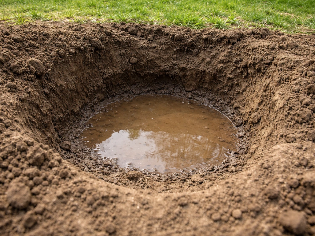 Gegraven kuil in tuin met een kleine waterlaag die langzaam wegzakt, rondom vochtige grond.