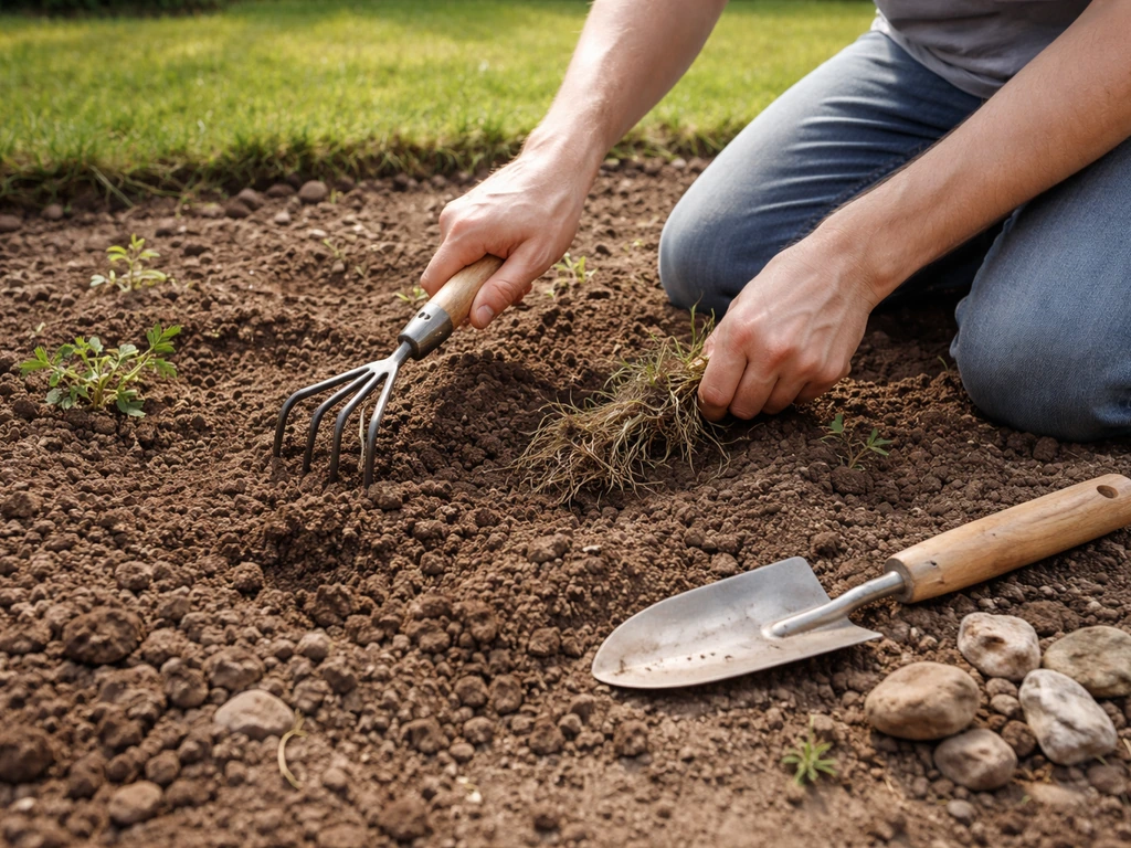 Handen verwijderen onkruid en een hark checken de bodem voor drainage in een rustige tuin