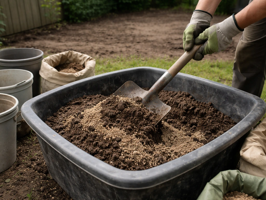 Iemand mengt tuinaarde en grof zand in een grote kuip met enkele zakken materialen op de achtergrond.